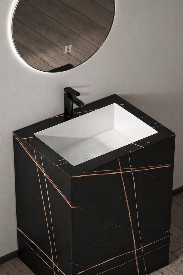 Black and copper marble-effect pedestal bathroom vanity with LED mirror, Ireland