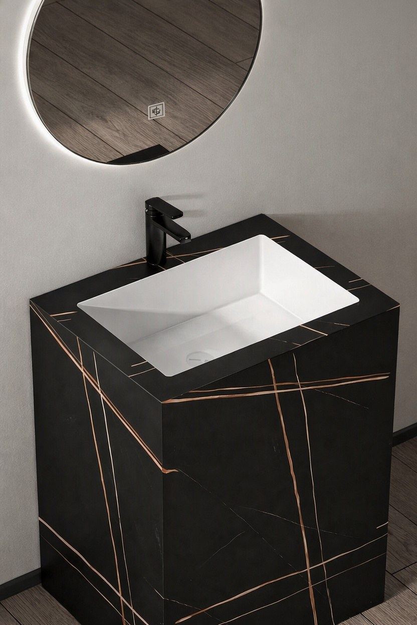 Black and copper marble-effect pedestal bathroom vanity with LED mirror, Ireland