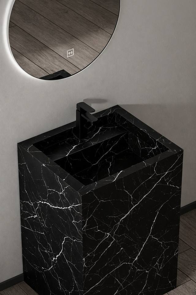 Black marble-effect pedestal bathroom vanity with round LED mirror, Ireland