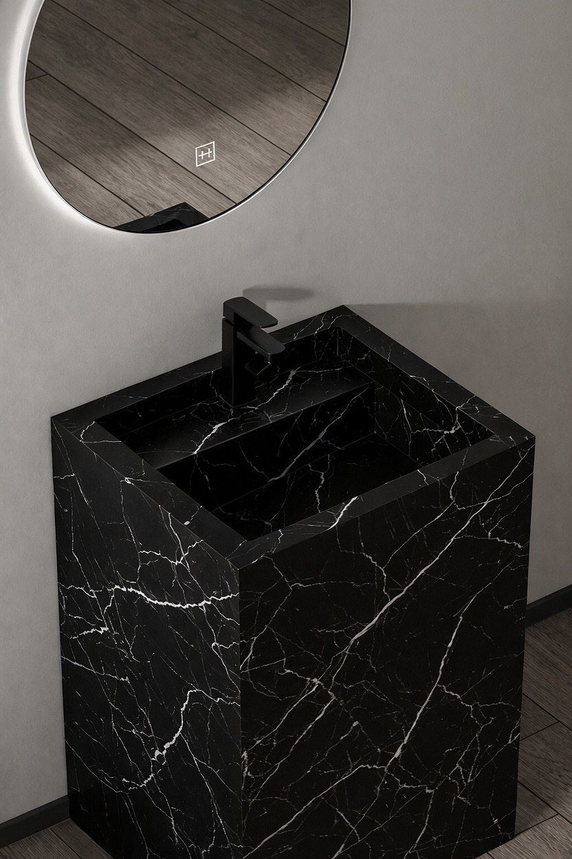 Black marble-effect pedestal bathroom vanity with round LED mirror, Ireland