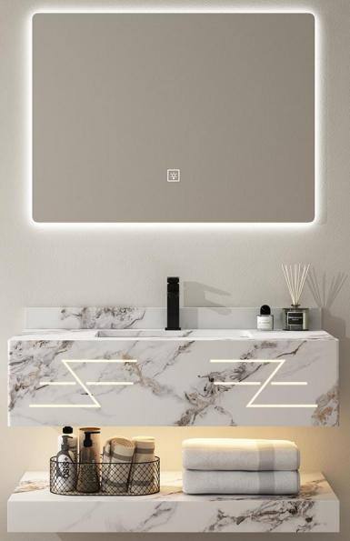 Gold marble-effect wall-hung bathroom vanity with LED strip, Ireland