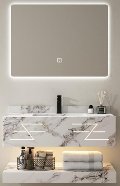 Gold marble-effect wall-hung bathroom vanity with LED strip, Ireland