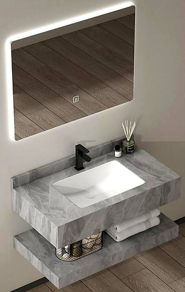 Grey marble console bathroom vanity with towel shelf and LED mirror, Ireland