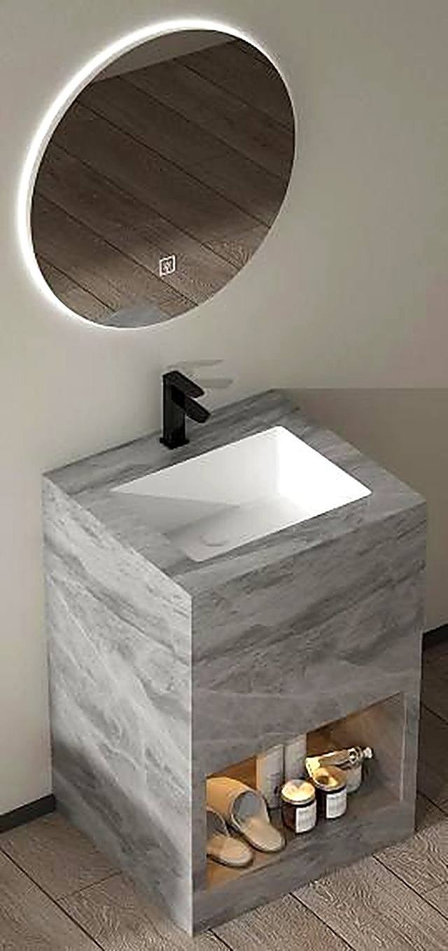 Grey marble-effect pedestal bathroom vanity with round LED mirror, Ireland