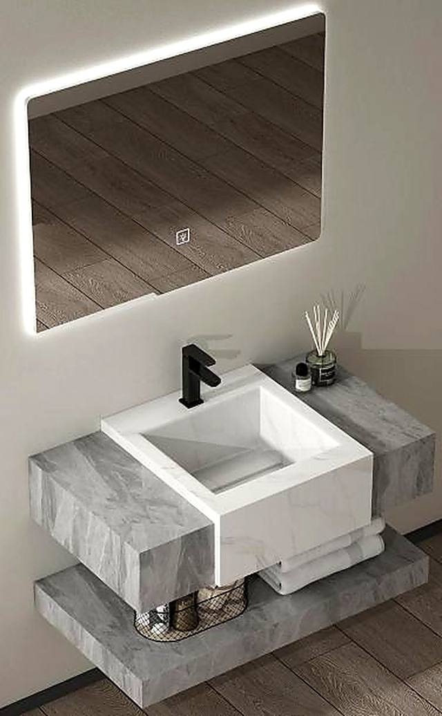 Grey integrated stone basin vanity with LED mirror, bathroom sink Ireland