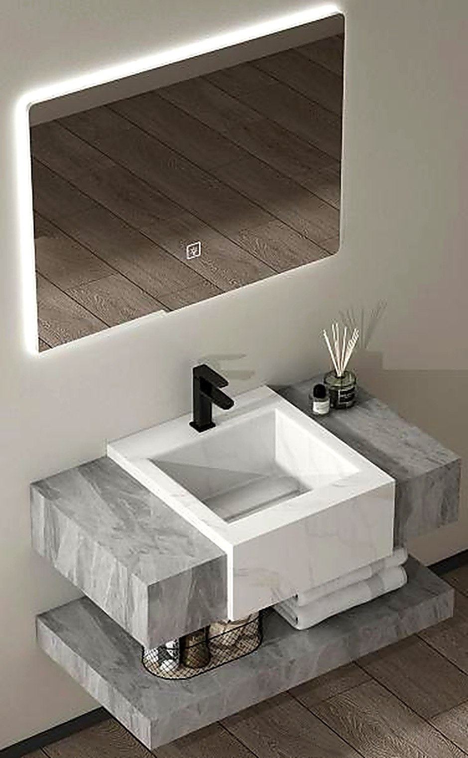 Grey integrated stone basin vanity with LED mirror, bathroom sink Ireland