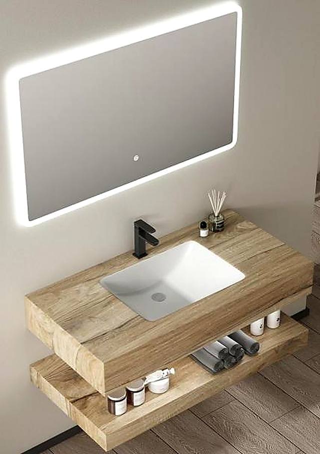 Natural oak-effect bathroom vanity with open shelf, LED mirror and basin, Ireland