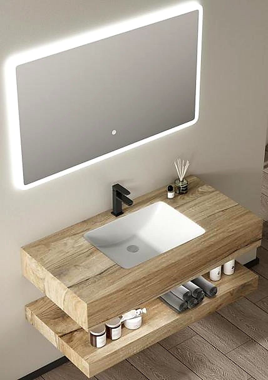 Natural oak-effect bathroom vanity with open shelf, LED mirror and basin, Ireland