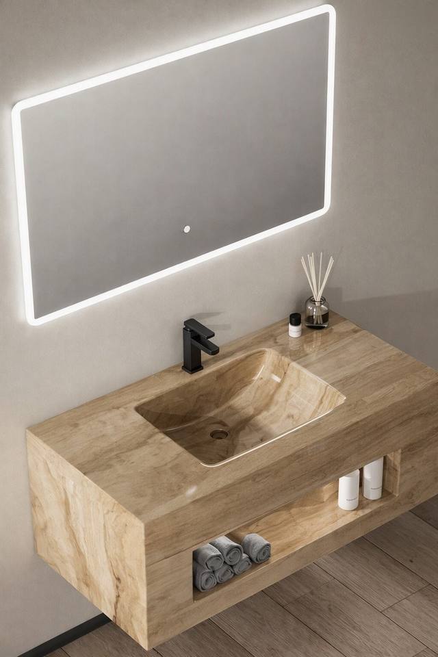 Oak-effect bathroom vanity with matching vessel sink, LED mirror and tap, Ireland