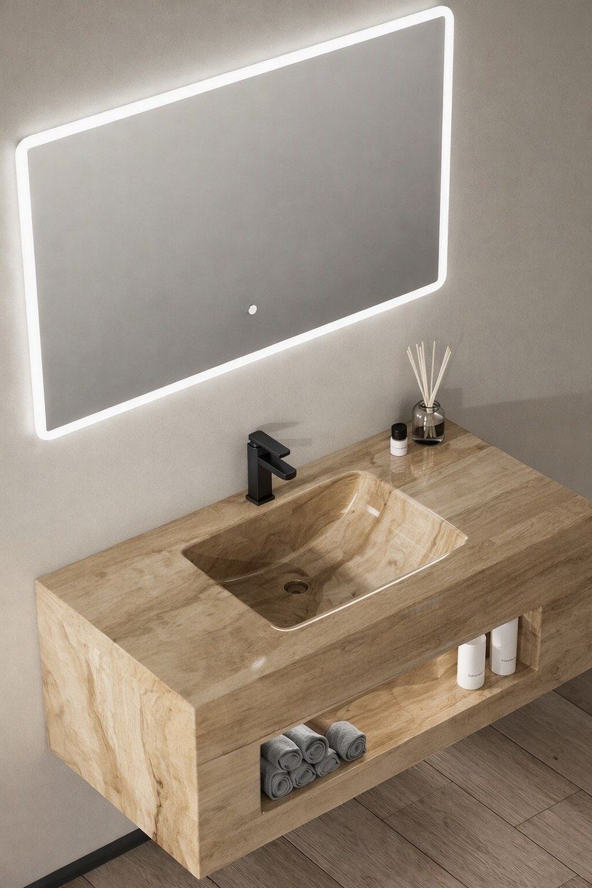 Oak-effect bathroom vanity with matching vessel sink, LED mirror and tap, Ireland