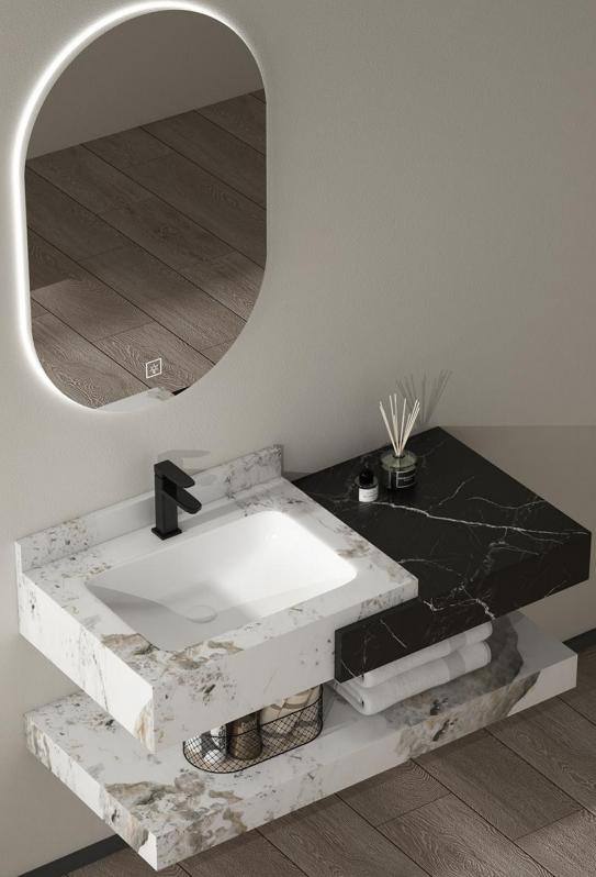 80cm two-tone white and black marble wall-hung bathroom vanity with oval LED mirror, Ireland
