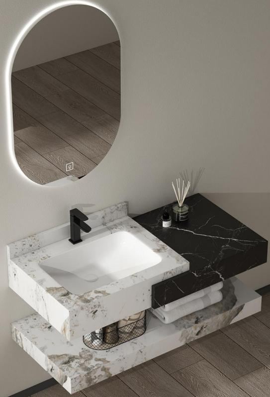 80cm two-tone white and black marble wall-hung bathroom vanity with oval LED mirror, Ireland