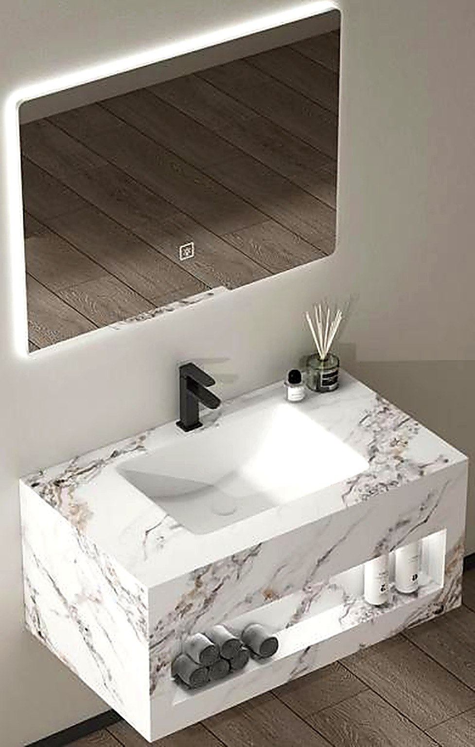 White and gold marble-effect bathroom vanity with lower shelf, LED mirror and tap, Ireland