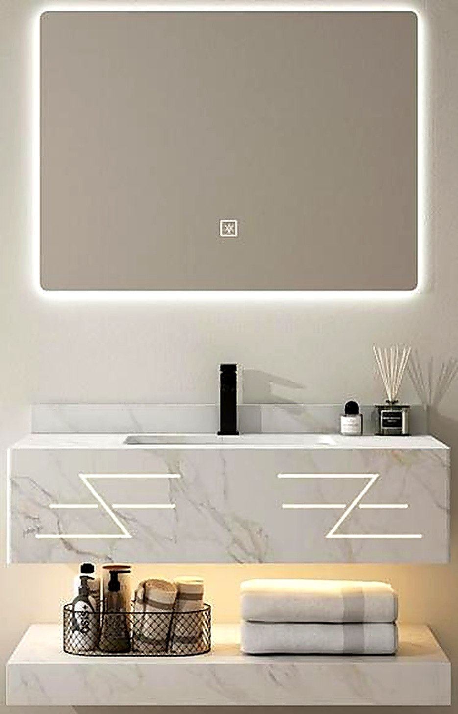White marble wall-hung vanity with LED strip lighting and tap included, Ireland
