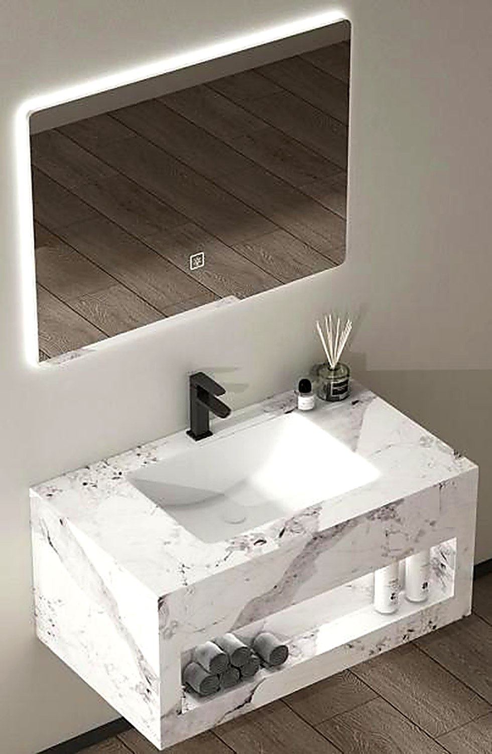 White marble-effect wall-hung bathroom vanity with LED mirror and tap, 60cm, Ireland
